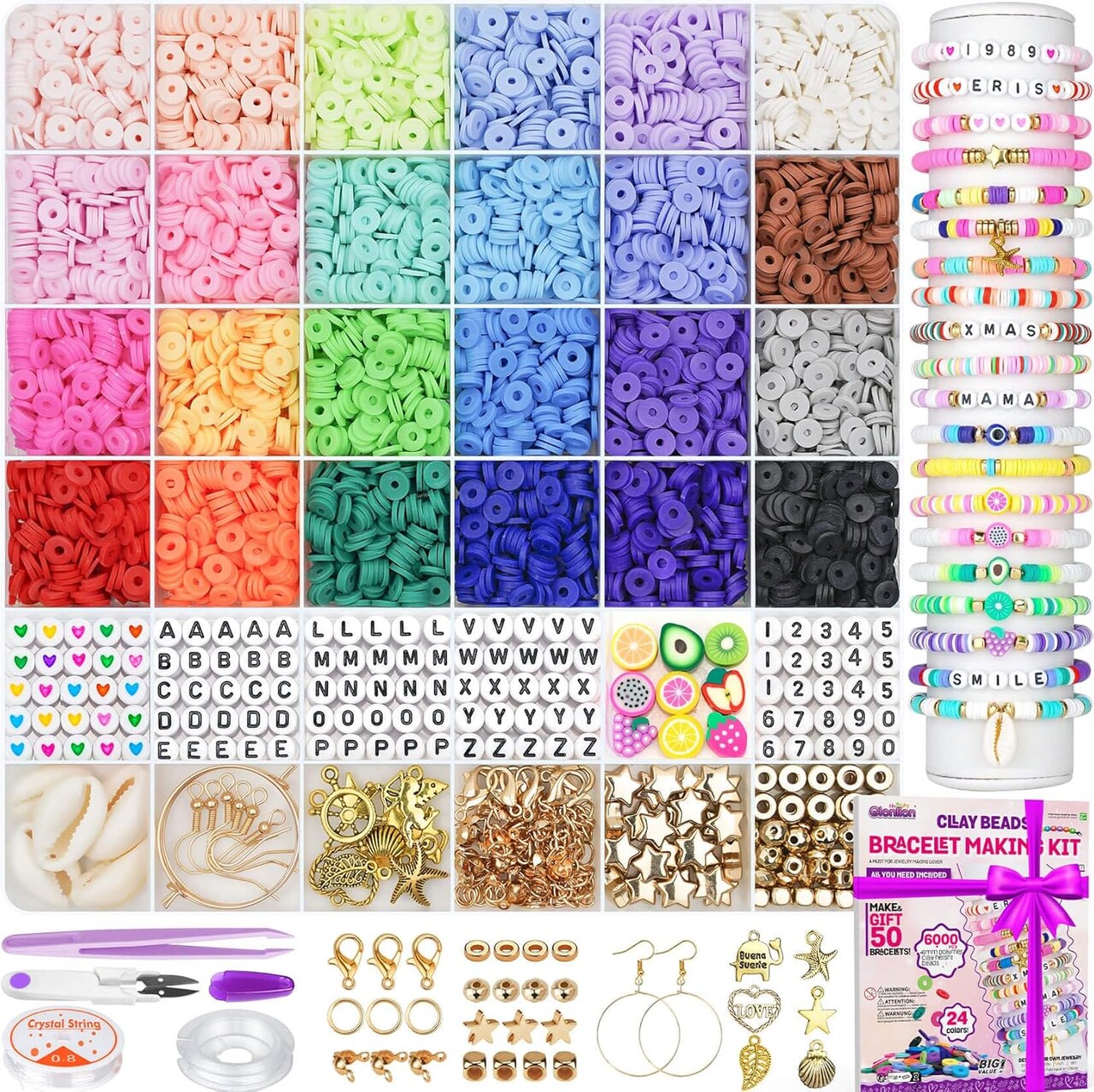 6000 Clay Beads Bracelet Making Kit – 24 Colors Flat Preppy Polymer Beads with Charms for Friendship Bracelets & Jewelry Making, Craft Gift for Girls Ages 6–12